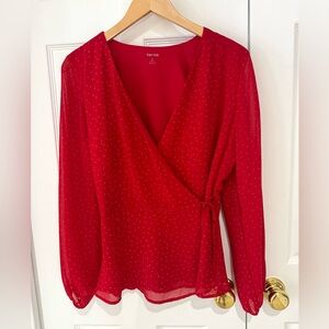 Small Kensie Women's Vibrant Red Wrap Blouse sheer sleeves white dots